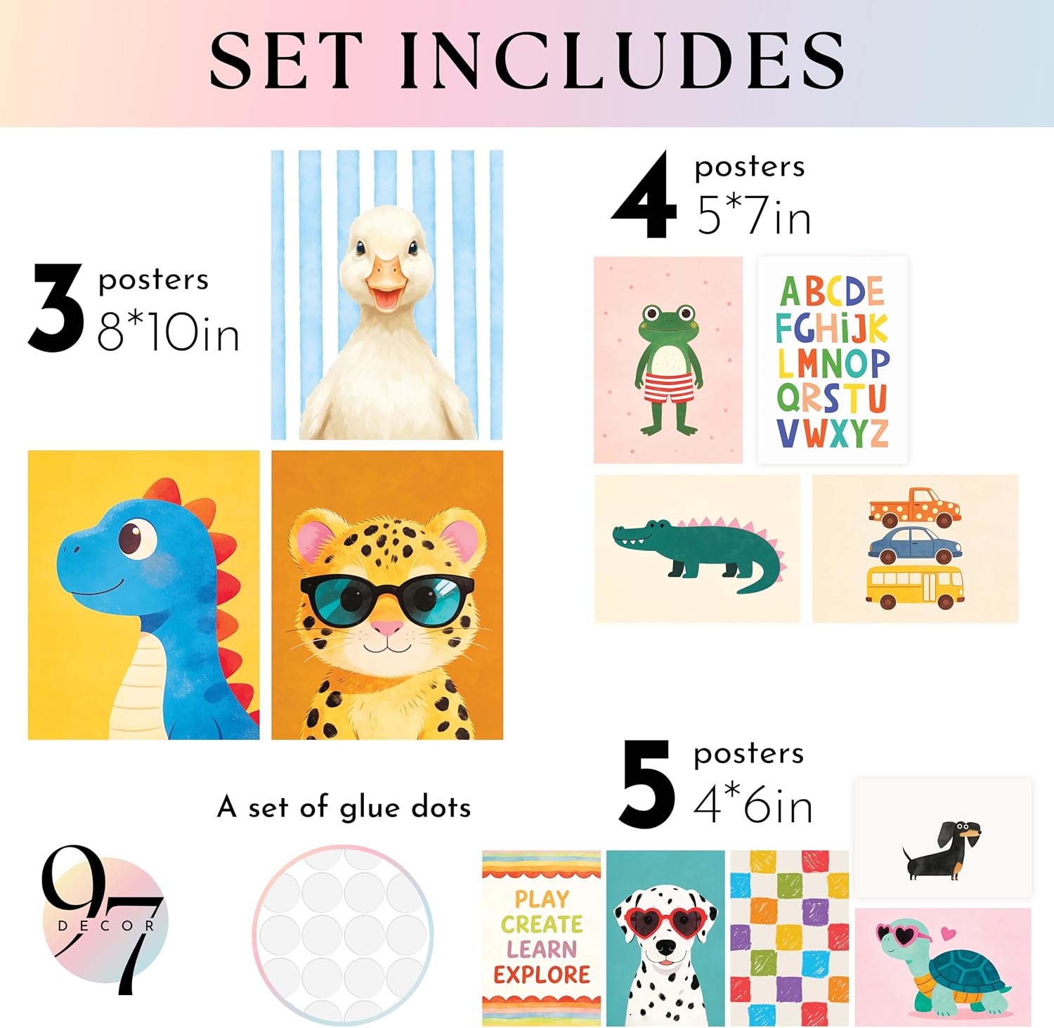 12-Piece Colorful Animal Art Prints (Unframed), 8x10, 5x7, 4x6