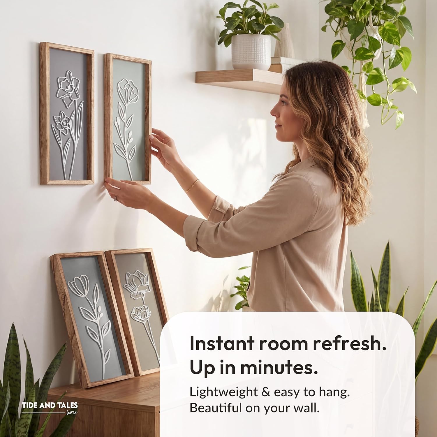 Botanical Wood Panel Set — 4 Framed Panels, 7 × 16 in Each