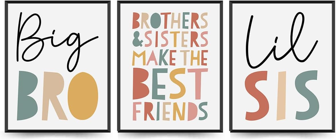 ETVISO Big Bro Lil Sis Wall Art Set of 3 for Nursery & Playroom, 8x10 Unframed