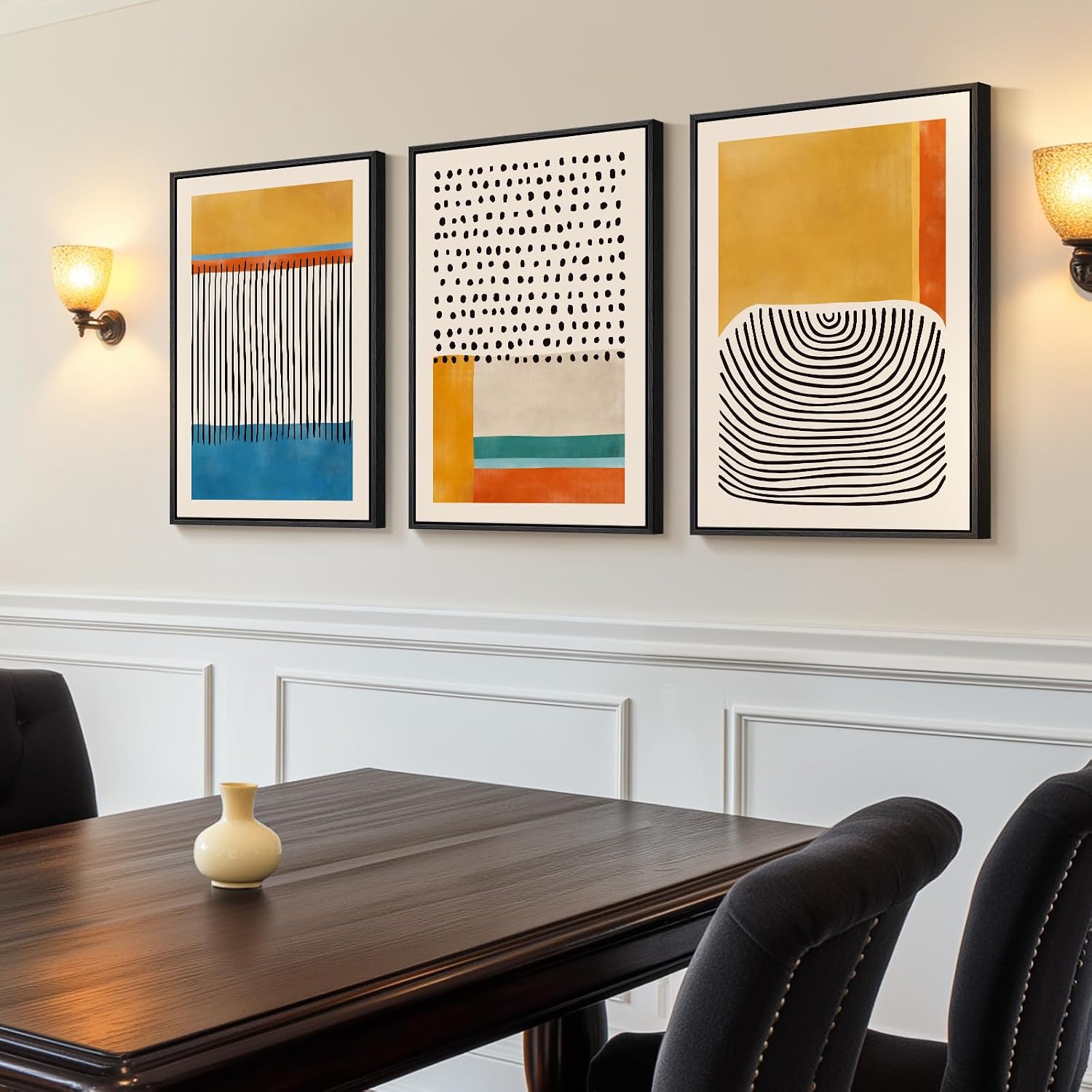 Mid-Century Geometric Wall Art — 3 Framed Panels, 16 × 24 in Each