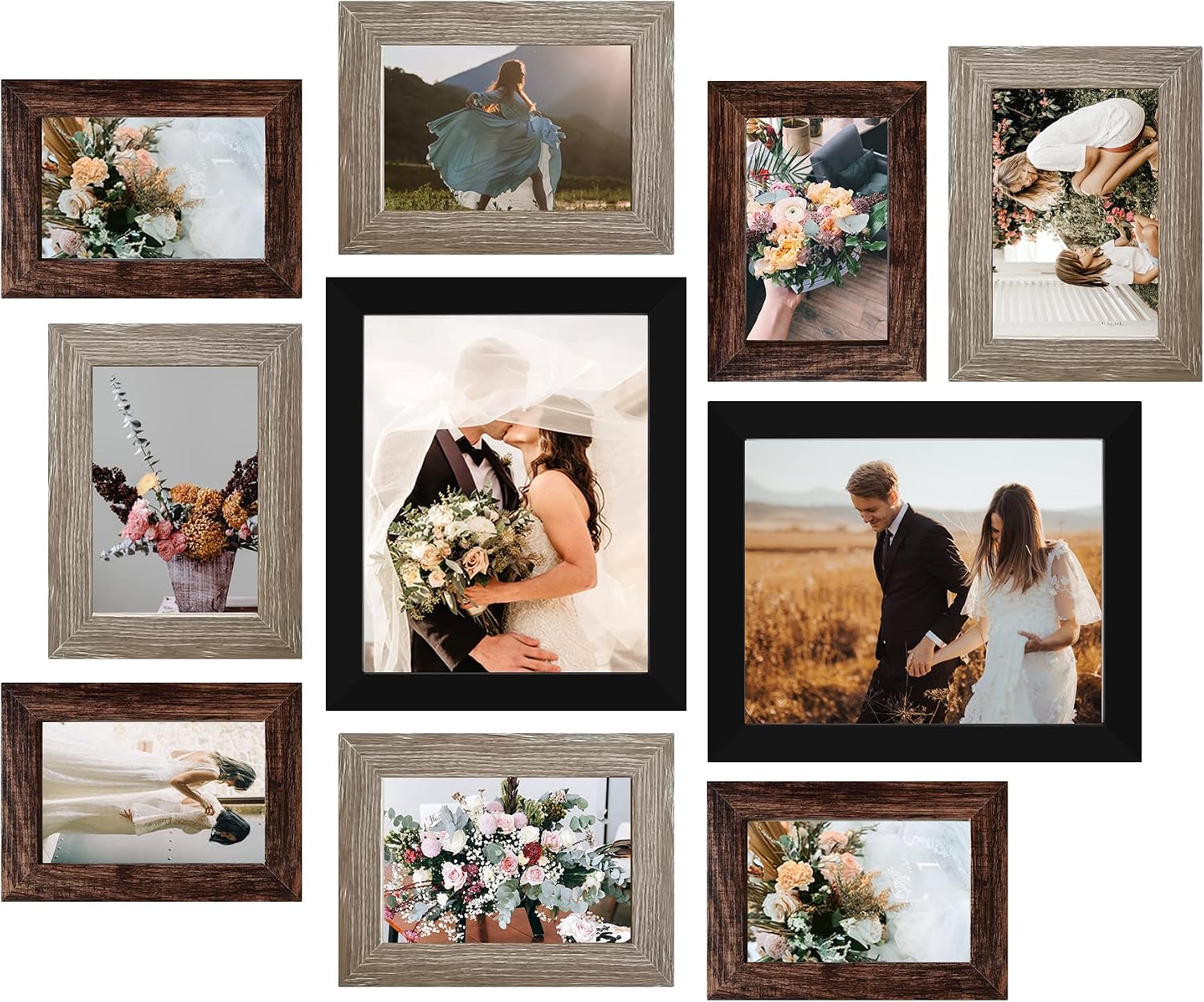Multi-Size Wood Finish Gallery Frames - Set of 10