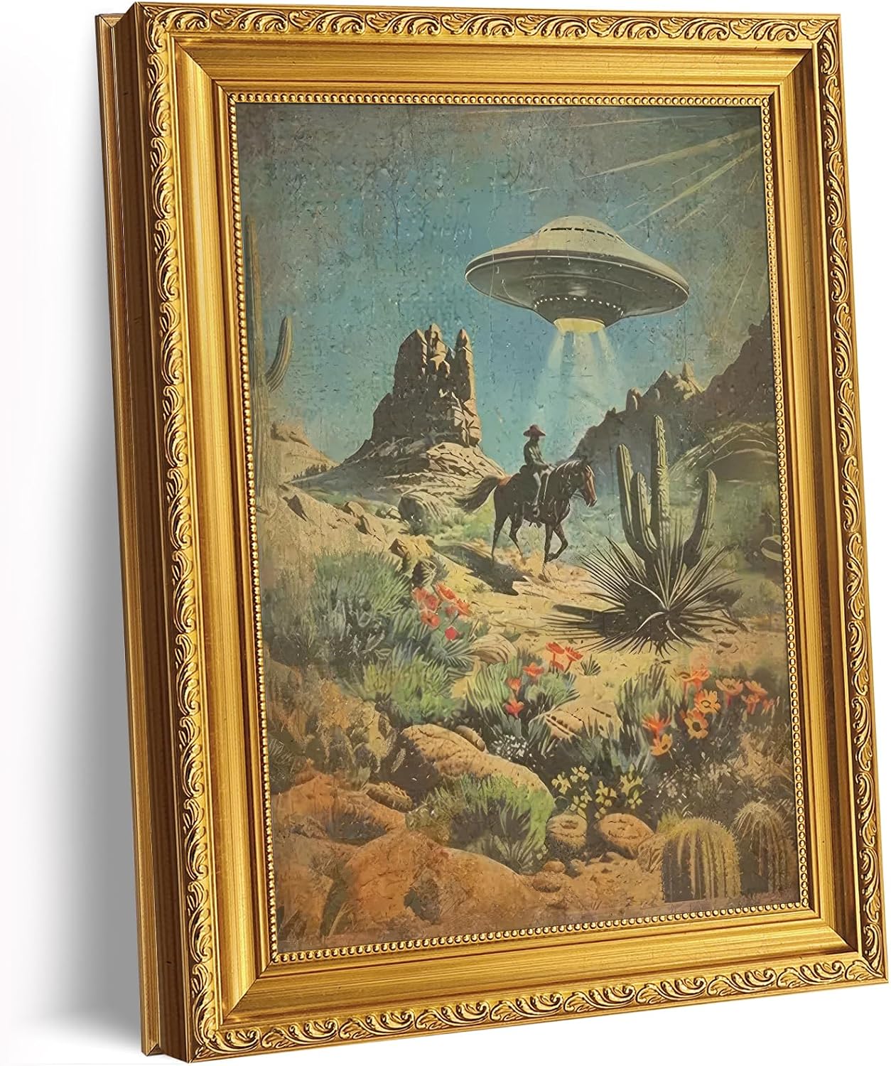 Retro Desert UFO Framed Print — 9 × 11 in, Gold Frame